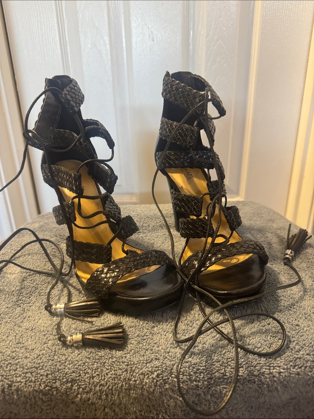 Michael Kors Black Braided Lace-Up Stiletto Sandals